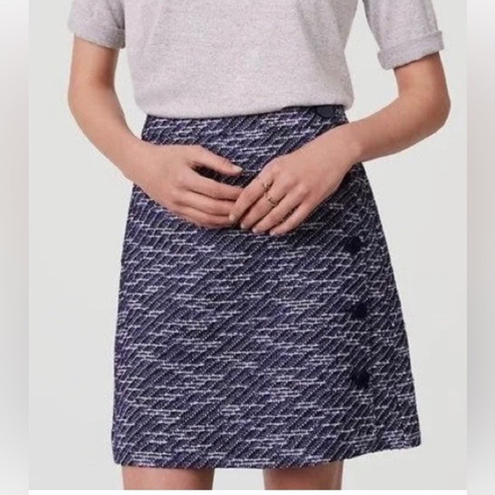 LOFT Tweed Chevron Mini Skirt Women 10 Navy Blue Faux Wrap Button Accent